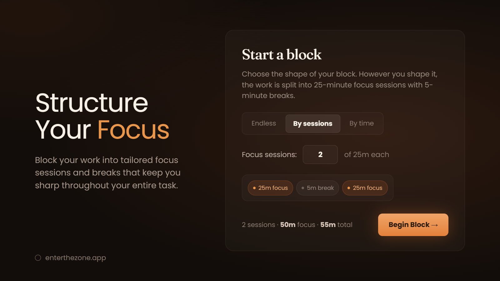Structure Your Focus — block your work into tailored focus sessions and breaks that keep you sharp throughout the task. The Start a block panel offers Endless, By sessions and By time; By sessions is chosen, set to 4 focus sessions of 25 minutes, previewed as 25m focus, 5m break, 25m focus, 5m break, 25m focus — 1h 40m of focus across 1h 55m total.