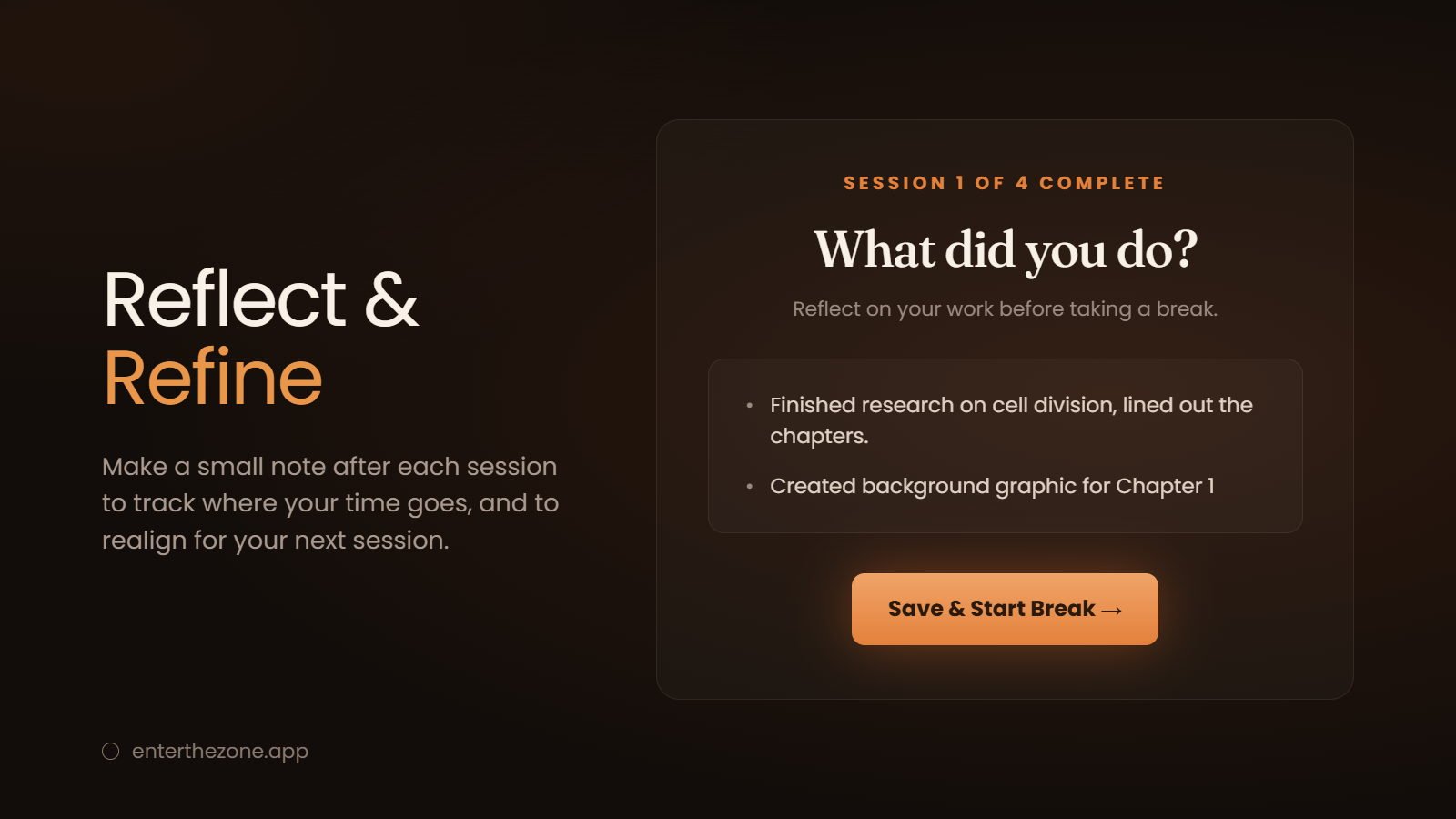 Reflect and Refine — make a small note after each session to track where your time goes, and to realign for the next one. The end-of-session screen reads Session 1 of 4 complete, asks What did you do?, lists two notes, and offers a Save and Start Break button.